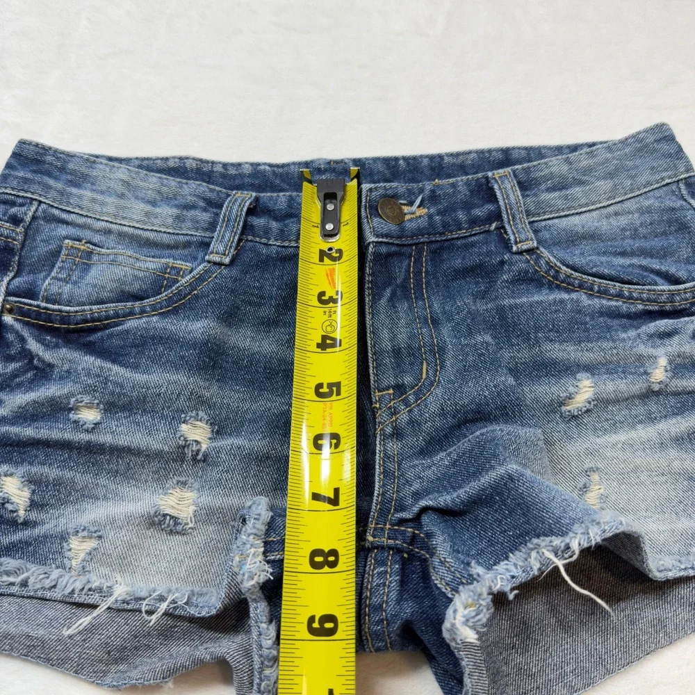 Flyup Distressed Denim Shorts Womens Size M Blue Good Frayed Hem Low Rise Cutoff